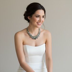 Silver Tone Green and Smoky Gemstone Statement Necklace